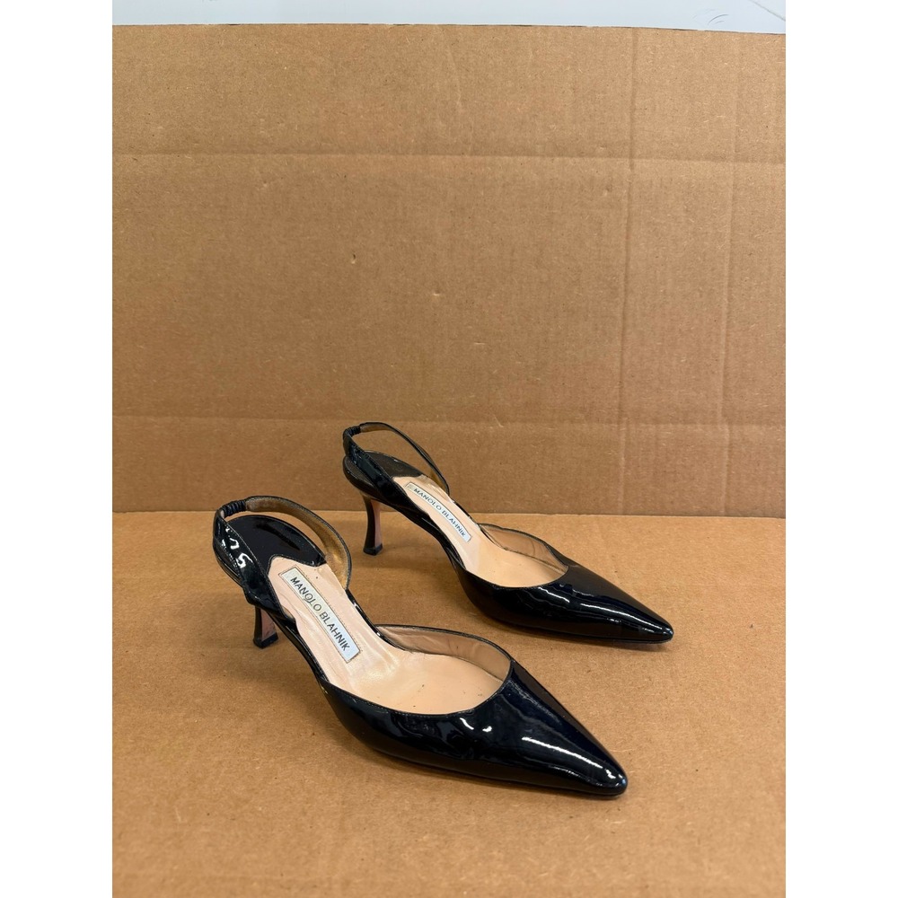 Manolo Blahnik Carolyn Black Patent Leather Pointed Slingback Heels